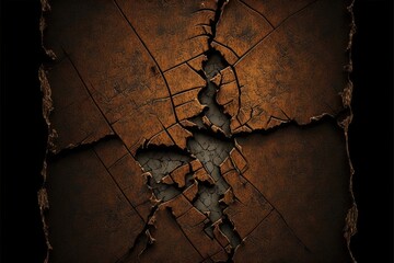 Poster -  a cracked wall with a hole in the middle of it and a black background with a brown and black design. Generative AI