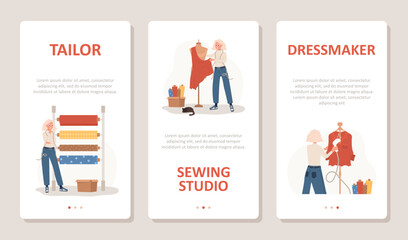 Wall Mural - Sewing concept. Elderly woman seamstress sews, cuts and streams clothes. Set of vertical banners for social media. Fashion designer or dressmaker. Vector illustration in flat cartoon style.