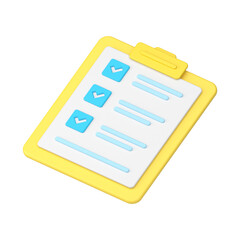 Poster - Checklist on 3d yellow clipboard paper. Document in test form with check marks and stripes abstract questions