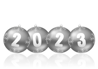 Wall Mural - New Year 2023 greeting card, illustration with Christmas balls isolated on white background