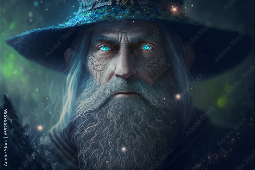 Old wizard with big hat and long beard in a magical forest. Created ...