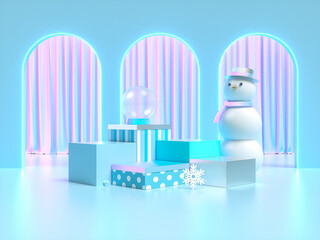 Poster - Winter Christmas background with a podium stage for product display. 3d rendering.