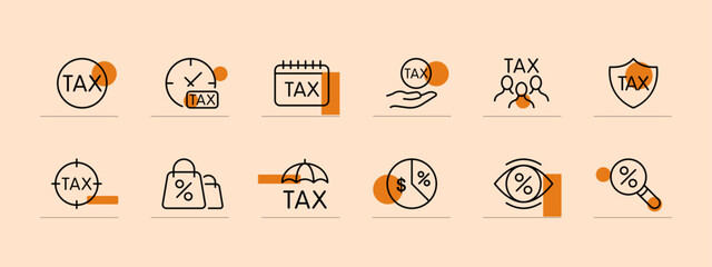 Taxes icon set. Tax avoidance, paying bills, tax cuts, discounts, utility bills. Finance concept. Pastel color background. Vector line icon for business