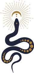 Wall Mural - Magic snake with moon, star and crescents. Mystical symbols in a trendy minimalist style on a light background. Cosmic minimalistic scene with snake, branch, celestial bodies.