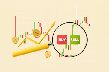 Poster - Stock market, forex chart with candlesticks, dollar coins and graph line