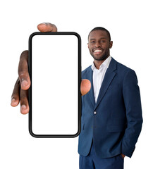 Poster - African businessman showing a big mockup phone, isolated over white background