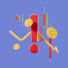 Poster - Stock market chart with candlesticks and bitcoins, warning sign