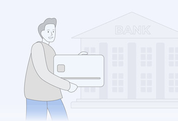 Poster -  Open Bank Saving Account, financial services concept. A cartoon drawn satisfied man character holds a new bank atm card in his hands against the background of a bank branch