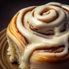 closeup view of a homemade baked cinnamon roll with vanilla icing