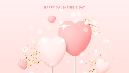 Wall Mural - Happy Valentine's Day banner. Vector illustration with pink lollipops and hearts. Holiday decoration design with 3d elements and golden confetti for Valentine's Day. 3d holiday banner.