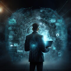 cyber security concept with businessman protect data and privacy and data privacy protection concept with shield and lock icon, ai
