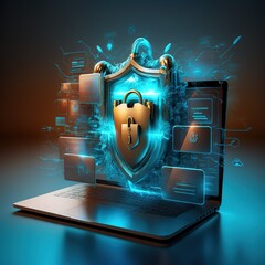 Cyber security, data protection, cyberattacks concept on blue background. Database security software development. Online security concept. Laptop protected with shield. AI
