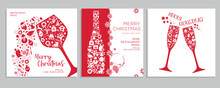 Holiday Christmas Background Restaurant Menu Cards Set With Glasses Of Wine, Bottles New Year Icon In Red Colors. Vector Christmas Design Card.