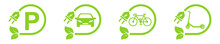 Charging Stations Vector Icons. Charging For Bicycle, Car And Electric Scooter. Point Eco Recharge Energy. Green Parking.