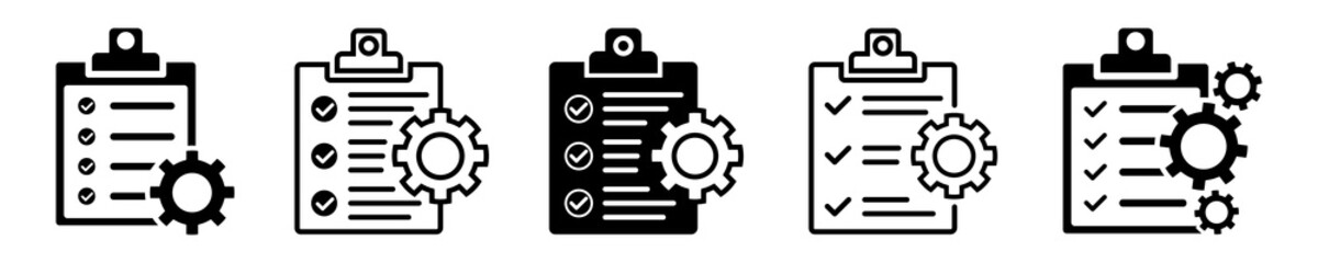 Wall Mural - Set of clipboards with gears vector icons on white background. Check list with checkmark. Document and cogwheel.