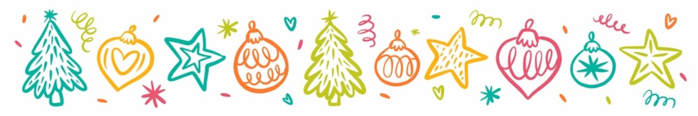 Wall Mural - Horizontal illustration with Christmas decorations and a Christmas tree hand-drawn in the style of a doodle