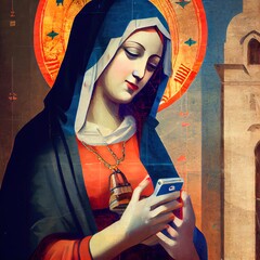 Holy Mary Mother  of Jesus with Aureola with Smartphone Cellphone Scrolling  Posting - Medieval Wall Frescos Style - Digital Art, Concept Art, Generative AI