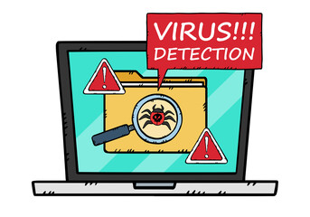 The virus detected on the screen of the laptop along with a sign informing of the danger and a caption. Hand drawn illustration.