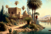 Vintage Wallpaper - Digital Landscape Painting Of Palms And Trees On The Banks Of The Nile In Ancient Egypt With Temples - 3