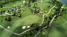 Aerial View Of Green Golf Course And Putting Green, Aerial View Of Green Grass And Coconut Palm Trees On Gree Golf Field, Fairway, Sand Bunker  And Putting Green.