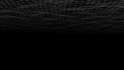 Poster - Wave of digital particles on a black background. Abstract interlacing lines and points. Digital connection of elements. Simulation of the movement of small particles. 3D rendering.