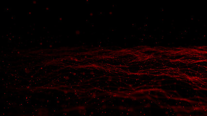 Aufkleber - Wave of digital particles on a black background. Abstract interlacing lines and points. Digital connection of elements. Simulation of the movement of small particles. 3D rendering.