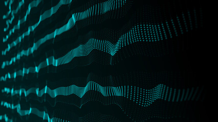 Poster - Textured wave of particles. Visualization of technological connections. Molecular connection of particles in space. A wave of atoms. 3d rendering.