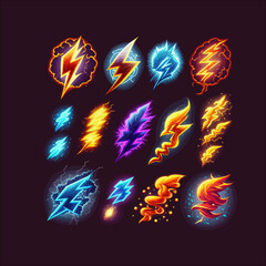 Poster - Cartoon lightning effect. Thunderbolt strike comic sprite asses for game. Isolated on a black background. Vector illustration