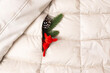 A red toy doe, a fir branch and a pine cone sticking out of a white winter jacket pocket. Minimal creative concept for festive season banner or editorial. Copy space