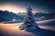Christmas tree standing in a vast open snow scape, mountain background.