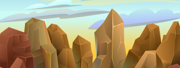 Rocks cliffs stone. Morning sky. Landscape mountainous. Natural land desert. Cartoon style illustration. Vector.