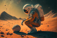 A Curious Astronaut Wearing A Space Suit Exploring Mars. Researching The Terrain Of The Red Planet. Extraterrestrial Exploration Of The Solar System. Astronaut In Martian Landscape .generative Ai.