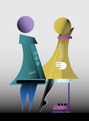 Two fashionable women stand facing each other. Two female models abstract vector illustration.