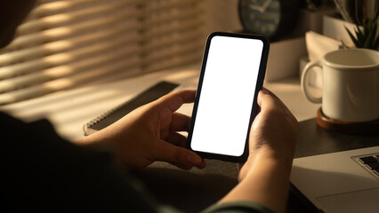 Wall Mural - View over shoulder of woman hands holding smart phone. Empty screen for your advertise text.