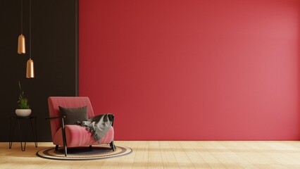 Viva magenta wall background mockup with armchair furniture and decor.