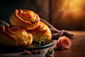  a plate of food with a rose on the side of it and a napkin on the side of the plate. Generative AI