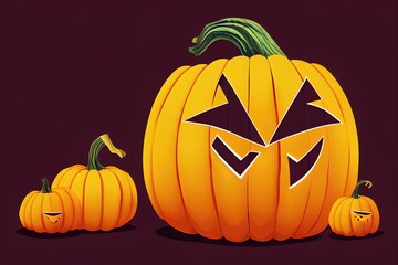 Wall Mural -  a pumpkin with a face drawn on it and three smaller pumpkins next to it on a purple background. Generative AI