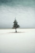 A Winter white snowy landscape with a conifer tree on soft snow. A minimal holiday concept, the illustrated Christmas tree in the middle of nowhere is waiting to be decorated. Generative AI.
