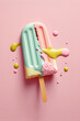 Flat lay food tasty concept of sweet pastel ice cream melting on pink background. A delicious Summer snack. Generative AI. Illustration of a dessert.