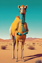 Abstract, Creative, Illustrated, Minimal Portrait Of A Wild Animal Dressed Up As A Man In Elegant Clothes. A Camel Standing In A Colorful Suit. Generative AI.
