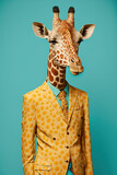 Fototapeta  - Abstract, creative, illustrated, minimal portrait of a wild animal dressed up as a man in elegant clothes. A giraffe standing on two legs in business suit. Generative AI.