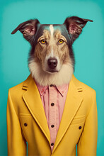 Abstract, Creative, Illustrated, Minimal Portrait Of An Animal Dressed Up As A Man In Elegant Clothes. A Dog Standing In A Yellow Suit Outfit. Generative AI.