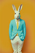 Unrealistic, creative, illustrated, minimal portrait of a wild animal dressed up as a man in elegant clothes. A rabbit standing on two legs in business modern suit. Generative AI.