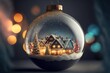 front profile beautiful round glass christmas ornament hanging in dark sky with clouds and stars filled with a snowy cozy Christmas town, snowing dark background, double exposure,