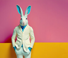 Unrealistic, Creative, Illustrated, Minimal Portrait Of A Wild Animal Dressed Up As A Man In Elegant Clothes. A Rabbit Standing On Two Legs In Business Modern Suit. Generative AI.