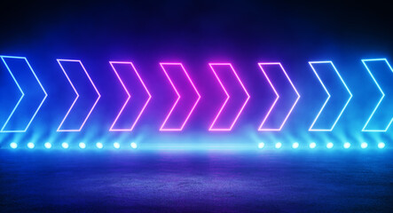 Poster - Abstract Neon room with directional cursor to right illuminated spotlight showroom