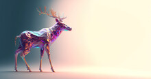 Contemporary, Modern, Metal, Opulence Deer With Neon Cyber Lights Refracting On It. Crystal Luxury Glass Sculpture On Iridescent Background. Futuristic Minimal 3d Concept, Generative AI.