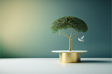 Pastel white and gold modern futuristic stone podium and product pedestal. Small bonsai tree and little bird, dark blue background. 3D Illustration. Generative AI.