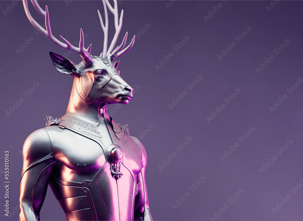 Neon cyber portrait of a cyborg robot deer with big horns, electric ...