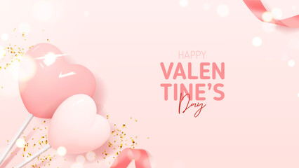 Wall Mural - Happy Valentine's Day banner. Vector illustration with pink lollipops, ribbons and golden confetti. Holiday decoration design with 3d elements for Valentine's Day. 3d holiday banner.